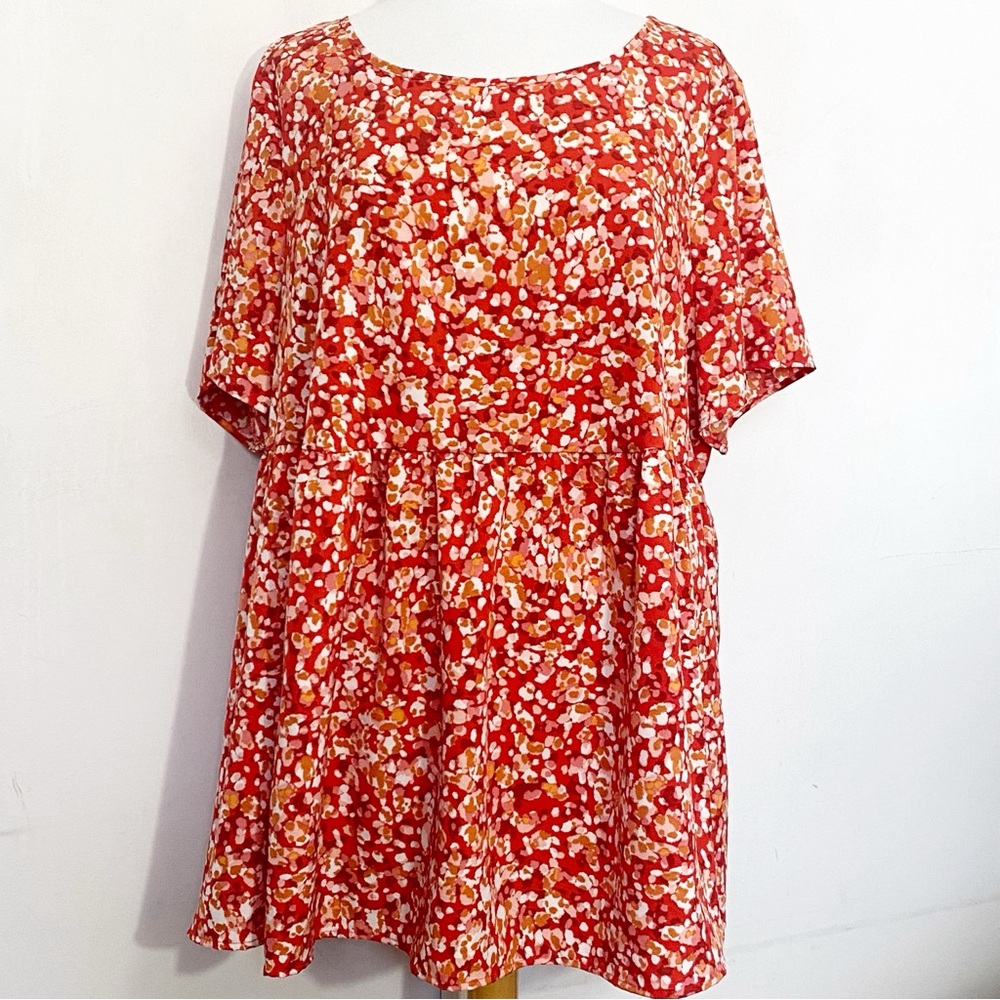 Emery Rose NWT Floral Red Babydoll Short Sleeve Women's Silky Top 4X